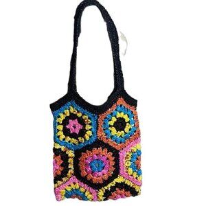 Vintage Granny Square Bag Plastic Woven Crochet Knit Festival Boho Hippie Tote